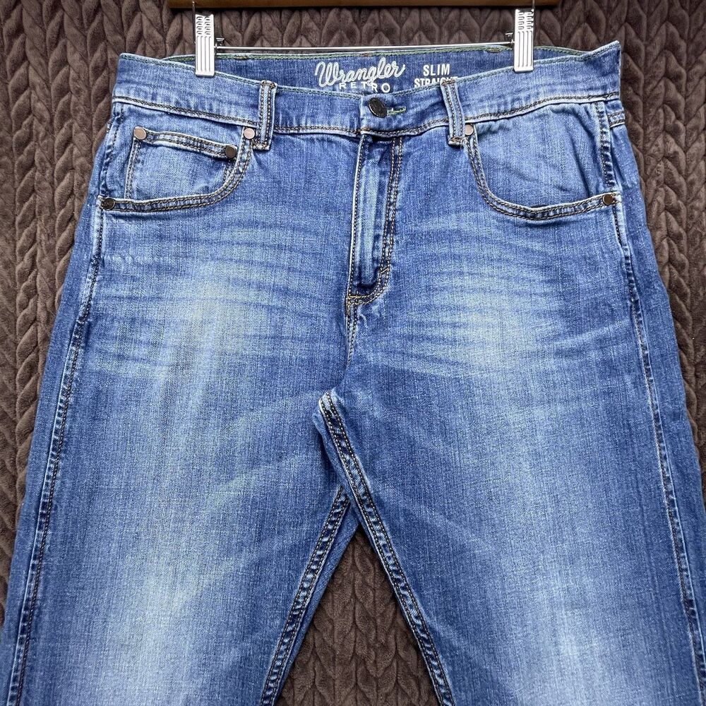 Wrangler Retro Slim Straight Jeans Mens 34x32 Blue Denim Stretch Cowboy Workwear